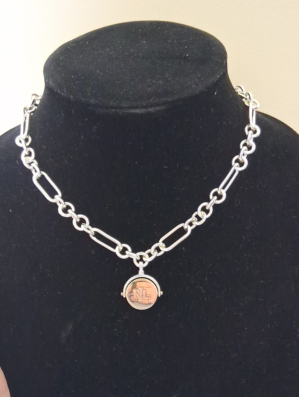 Lauren Ralph Lauren Silver Chain Necklace Silver Gold Reversible Logo Pendant